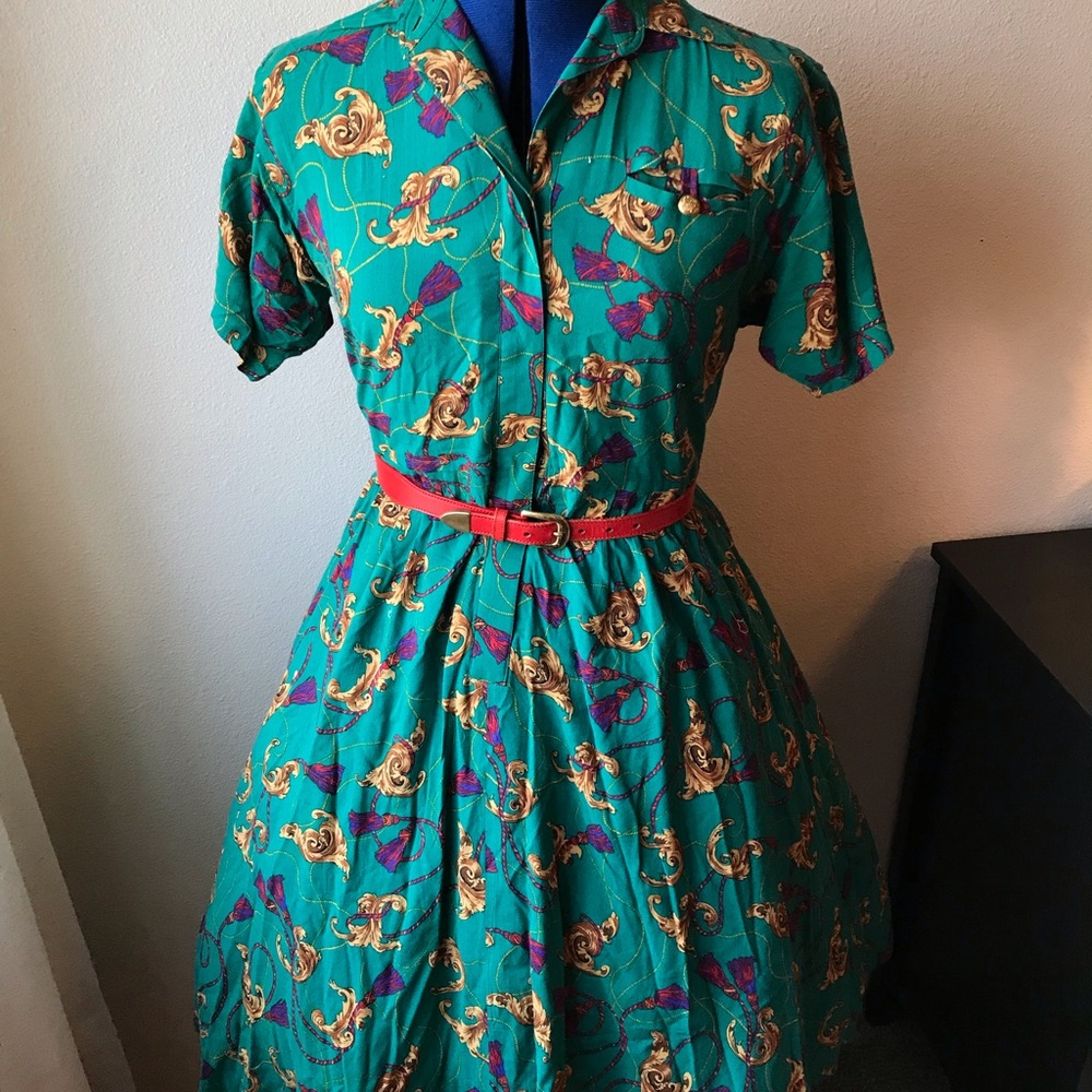 Vintage Leslie Fay 80s does 50s full skirt nautical knot pattern shirt dress